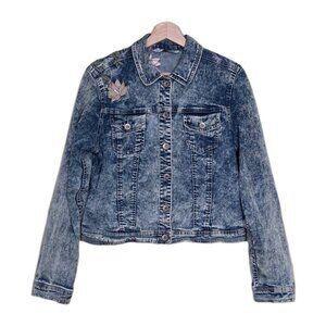 Suko Jeans Denim Jacket Women L Blue Acid Wash Floral Embroidery Stretch Y2K